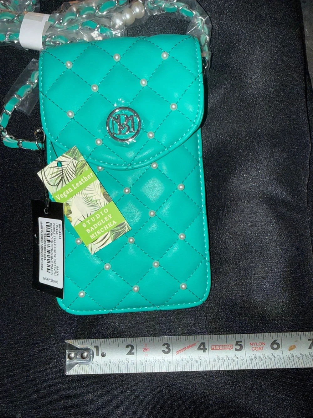 Badgley Mischka Teal Quilted Pearl-Stud Crossbody Phone Pouch